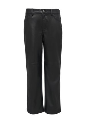 Czarne skórzane spodnie o prostym kroju, z kieszeniami z przodu, szlufkami na pasek i subtelnym połyskiem, zaprojektowane z myślą o dopasowanym kroju.