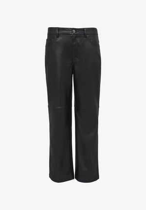 Czarne skórzane spodnie o prostym kroju, z kieszeniami z przodu, szlufkami na pasek i subtelnym połyskiem, zaprojektowane z myślą o dopasowanym kroju.