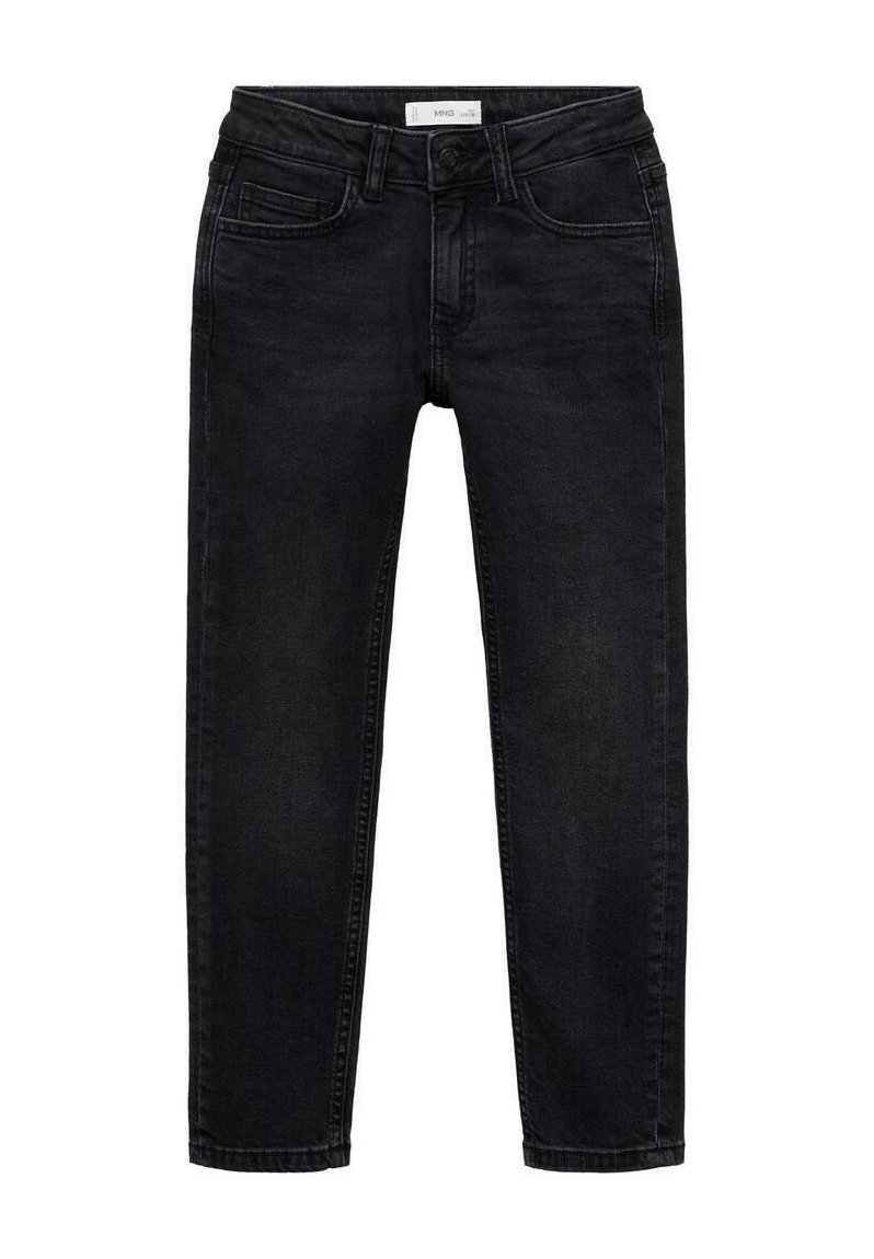 Črne denimske hlače s slim fit krojem, ki vključujejo pet žepov, zanke za pas in zapiranje na zadrgo. Gladka tekstura z diskretnimi šiviljskimi detajli.