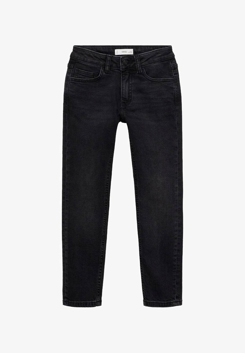 Črne denimske hlače s slim fit krojem, ki vključujejo pet žepov, zanke za pas in zapiranje na zadrgo. Gladka tekstura z diskretnimi šiviljskimi detajli.