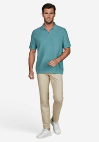 Polo shirt in teal stof met een kraag en korte mouwen, gecombineerd met beige broek en witte sneakers. Schone lijnen en casual ontwerp.