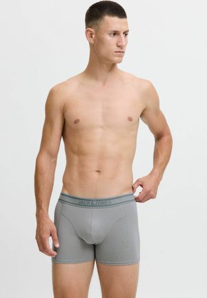 Junger Mann mit kurzen Haaren, der grau-weiße Boxer-Shorts von Jack & Jones trägt. Er steht vor einem schlichten, hellen Hintergrund und richtet mit der rechten Hand den Bund seiner Unterwäsche.