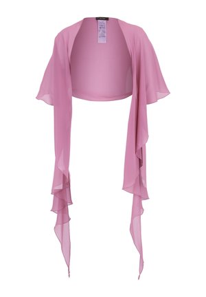 Leichtes, durchsichtiges pinkes Bolero mit fließenden, gerüschten Ärmeln. Offenes Vorderdesign, weiche Textur und keine sichtbaren Verschlüsse oder Beschläge.