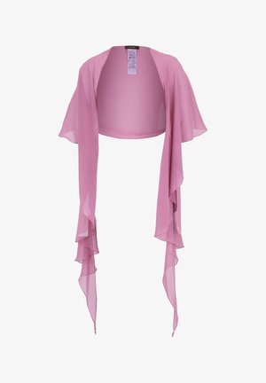 Leichtes, durchsichtiges pinkes Bolero mit fließenden, gerüschten Ärmeln. Offenes Vorderdesign, weiche Textur und keine sichtbaren Verschlüsse oder Beschläge.