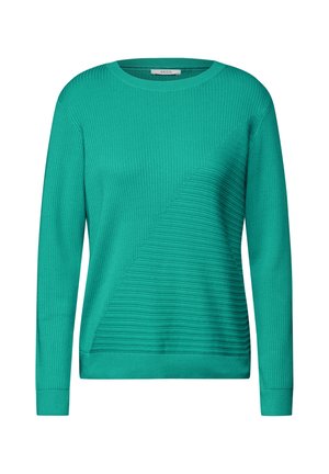 Pull côtelé turquoise avec un motif texturé diagonal, col rond et manches longues avec poignets ajustés.