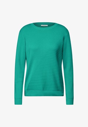 Suéter ribeteado en turquesa con un patrón texturizado diagonal, cuello redondo y mangas largas con puños ajustados.