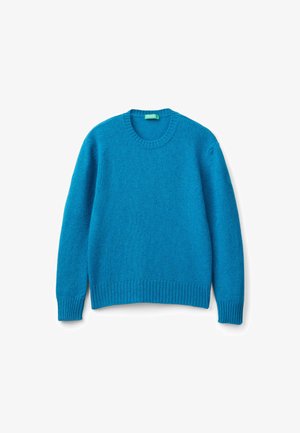 Suéter de cuello redondo y mangas largas, hecho de una suave tela texturizada en azul brillante. Presenta puños y dobladillo acanalados, con un acabado del cuerpo liso.