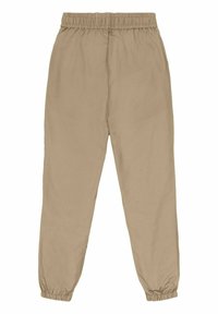 Beige, lette bukser med elastisk talje og samlede manchetter ved anklerne. Glat tekstur og enkelt design, velegnet til afslappet brug.