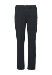 Donkergrijze rechte broek gemaakt van lichte, gestructureerde stof met een voorknoopsluiting en standaard ceintuurlussen. Geen zichtbare patronen of accenten.
