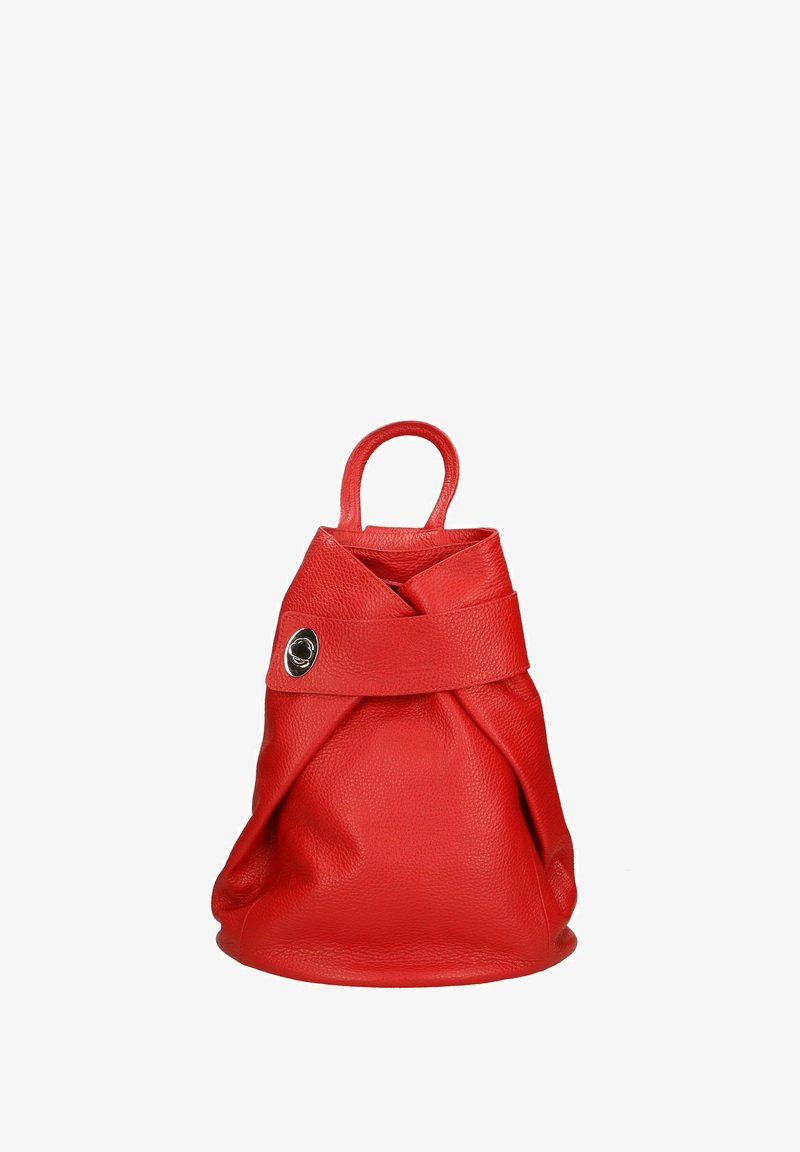 Rode leren tas met een textuurafwerking, voorzien van een geknoopt ontwerp, een handvat aan de bovenkant en een ronde zilveren accent.