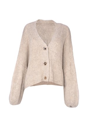 Beige grobstrick Cardigan mit V-Ausschnitt, langen Ballonärmeln, cropped Passform und drei dekorativen Knöpfen in goldfarbener Optik auf der Vorderseite.