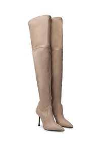 Stivali beige alti fino alla coscia realizzati in morbido suede, con punta affusolata e tacco a stiletto. Texture liscia con dettagli di cucitura minimi e poco visibili.