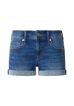 Denim shorts in dark blue with a light blue cuff, featuring a front button closure, belt loops, and a classic five-pocket design.
