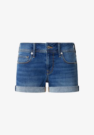 Shorts de mezclilla en azul oscuro con un dobladillo azul claro, que cuentan con un cierre frontal con botón, trabillas para cinturón y un diseño clásico de cinco bolsillos.
