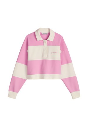 Koszulka rugby z długim rękawem w szerokie poziome różowe i kremowo-białe paski, z kołnierzykiem i krótkiem dołem.