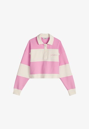 Μπλούζα ράγκμπι με μακριά μανίκια, φαρδιές οριζόντιες ροζ και εκρού ρίγες, γιακά και κοντό τελείωμα.