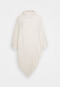 Poncho beige chiaro con un col alto, vestibilità ampia e un motivo a maglia testurizzato. Presenta un orlo diagonale, offrendo un design accogliente e informale.