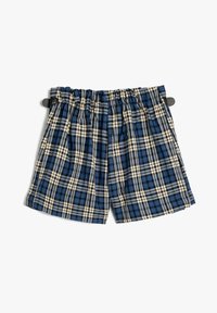 Gestreifte Shorts in Blau und Beige mit elastischem Bund und lockerer Passform. Hergestellt aus leichtem Stoff, mit geometrischen Quadratmustern.