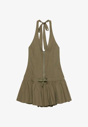 Olivengrøn halterneck-kjole med lynlås foran, bundne stropper ved hals og talje samt en flæsekant nederdel.