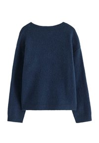 Dunkelblaues, übergroßes Sweatshirt aus strukturiertem Strickstoff. Verfügt über einen weiten Ausschnitt und lange Ärmel mit gerippten Bündchen und Saum.