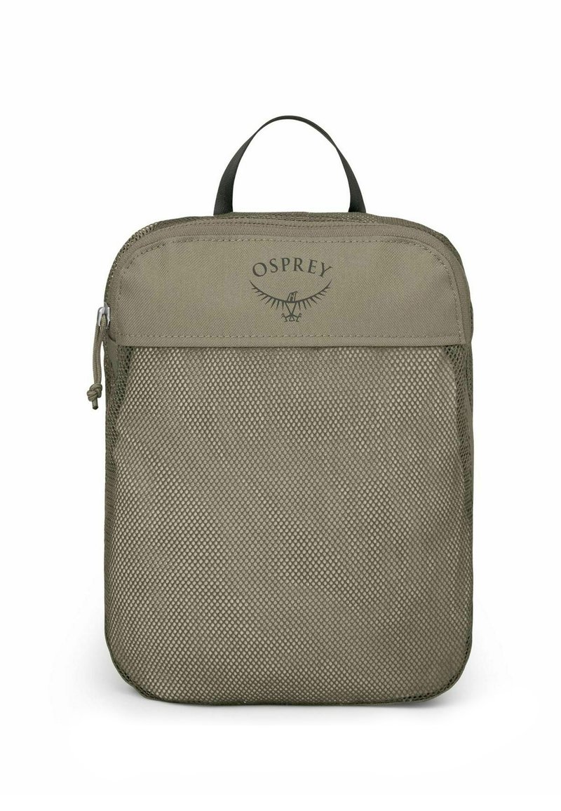 Olijfgroene nylon reistas met een gestructureerd gaasontwerp, ritssluiting en een handvat aan de bovenkant. Voorzien van Osprey branding op de voorkant.