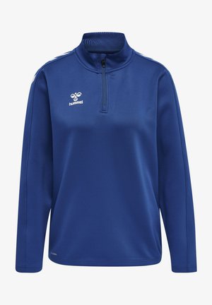 Blauwe pullover met lange mouwen en een halve rits kraag, gemaakt van glad, lichtgewicht materiaal. Bevat witte strepen langs de schouders en een logo.