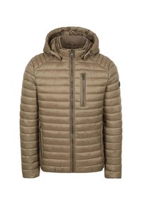Gevoerde hoodie-jack in tan kleur met een gewatteerde textuur, vooraan met ritssluiting en een ritszak op de borst. Glad materiaal met geribde manchetten.