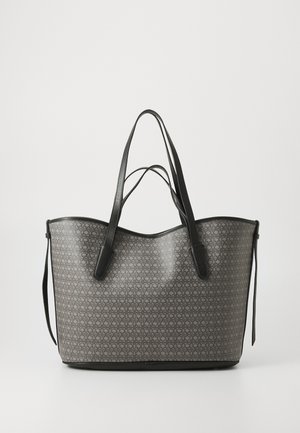 Gray patterned tote bag with a smooth texture, black leather accents, and long handles. Features a curved top and open design.