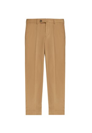 Pantalon en coton beige avec une coupe droite, doté d'une fermeture à bouton, de passants de ceinture et sans motifs. Texture lisse et bords ajustés.