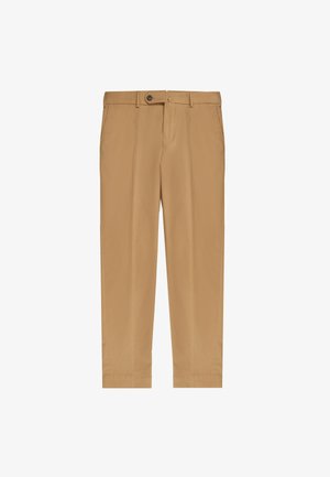 Pantalones de algodón color marrón claro con un corte recto, que presentan un cierre de botón, trabillas para el cinturón y sin estampados. Textura suave y bordes ajustados.