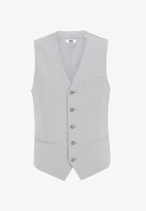 Vaatevaalea liivi, joka on valmistettu tekstuurilla varustetusta kankaasta ja jossa on V-pääntie, kuusi nappia, kaksi sivutaskua ja rintatasku.