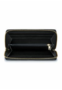 Czarny skórzany portfel z złotym zamkiem błyskawicznym. Wnętrze zawiera wiele miejsc na karty, przegrodę na zamek oraz przestronne otwarcie dla łatwego dostępu.