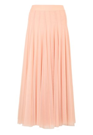 Jupe plissée rose en tulle léger, dotée d'une taille solide et d'une coupe fluide qui descend jusqu'à la cheville.