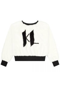 Felpa corta bianca in pelliccia sintetica, con logo nero "KL" sul davanti, e polsini e collo a coste neri.