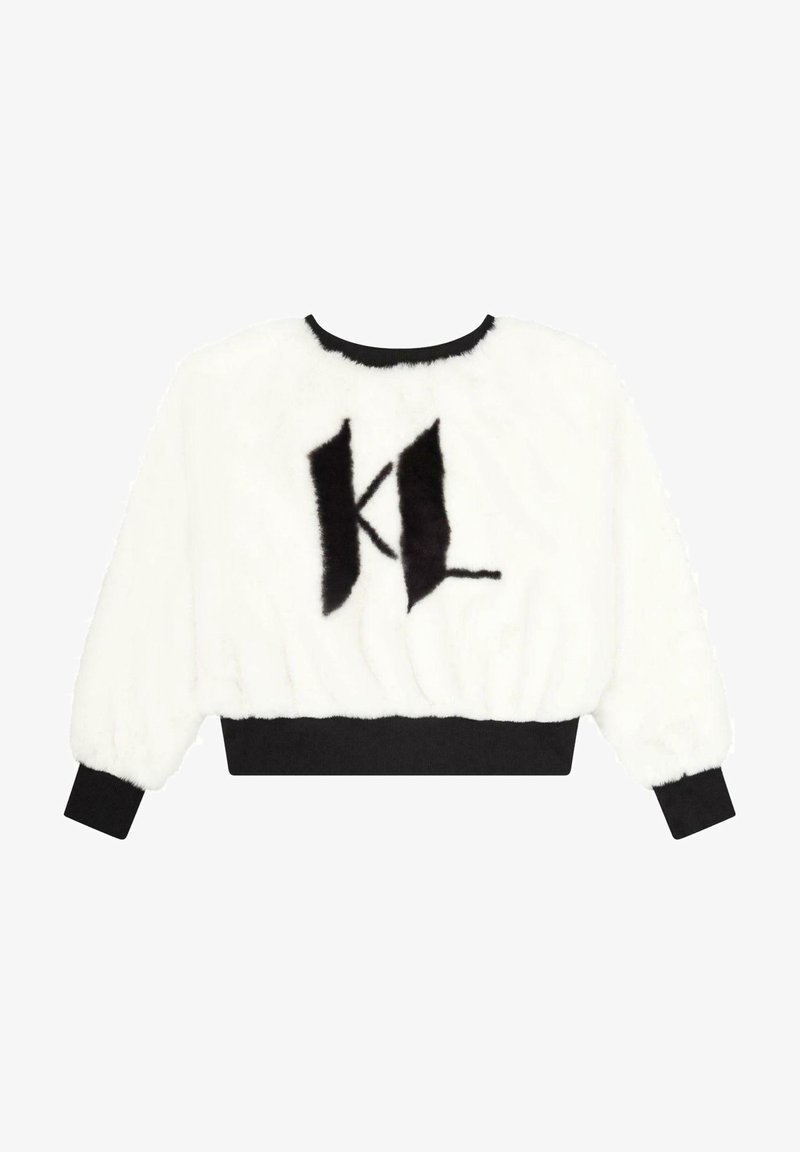 Felpa corta bianca in pelliccia sintetica, con logo nero "KL" sul davanti, e polsini e collo a coste neri.