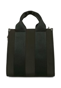 Czarna torba na ramię wykonana z wytrzymałego materiału, z podwójnymi tkaninowymi paskami, w kształcie prostokąta i z zapięciem na zamek u góry. Gładka tekstura z minimalnymi akcentami.