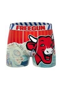 Boxers rouges avec un graphique d'une vache souriante, impression de style vintage, et une ceinture élastique rayée avec le logo "FREEGUN".