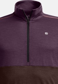 Purple and brown long-sleeve pullover with a high collar, quarter zipper, and textured fabric. Features logo and contrasting stitching.