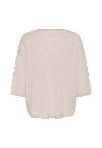 Pull en maille beige, ample, à manches trois-quarts, vu de dos sur fond blanc uni. Aucun motif ni détail visible.