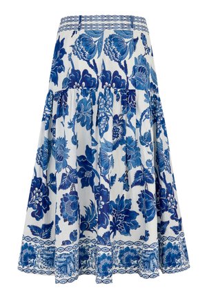 Weißer Midirock mit großem blauem Blumenmuster und dekorativem blauen Saum- und Bundabschluss.