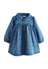 Abito in denim con maniche a sbuffo lunghe, colletto, chiusura frontale con bottoni e un motivo blu di piccoli fiocchi su uno sfondo blu chiaro.