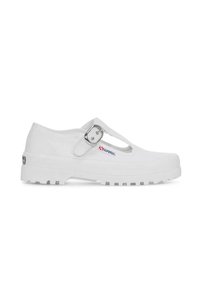 Scarpa bianca slip-on con design a T-strap, fibbia metallica, suola in gomma e tomaia texturizzata. Presenta un logo sul lato.