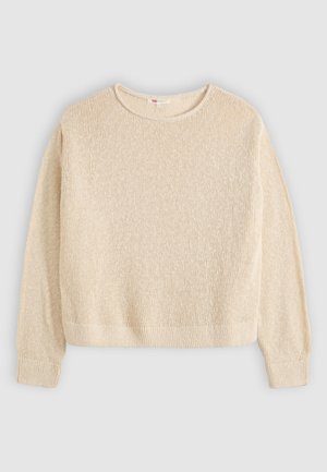 Beežist kootud pikkade varrukatega kampsun ümmarguse kaelusega ning soonikkoes mansettide ja äärega, asetatud siledalt heledale taustale.