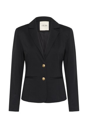 Sovit black blazer, valmistettu sileästä kankaasta, jossa on lovettu kaulus, kultaiset napit ja kaksi etutaskua.