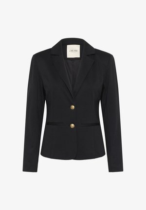 Sovit black blazer, valmistettu sileästä kankaasta, jossa on lovettu kaulus, kultaiset napit ja kaksi etutaskua.