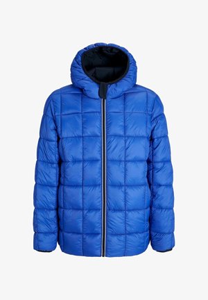 Doudoune bleue matelassée avec fermeture éclair à l'avant et capuche attachée, présentée sur un fond blanc.