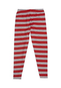 Leggings a righe rosse e grigie realizzati in morbido tessuto con vita elastica, caratterizzati da righe orizzontali uniformemente distribuite.