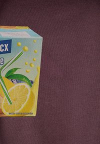 Purple fabric featuring a printed juice box design with lemon, leaves, and a green straw, along with bubbles and text details.