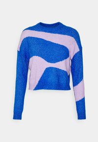 Blå och lavendel långärmad kort topp med abstrakt, böljande färgblocksmönster samt ribbat halsringning, muddar och nederkant.