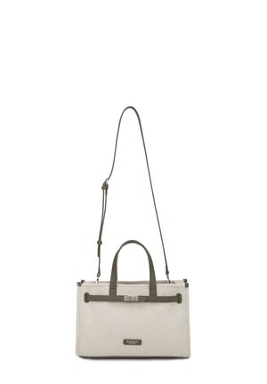 Borsa a mano rettangolare in tela beige con manici in pelle grigio scuro, tracolla regolabile e dettaglio di chiusura metallica frontale.
